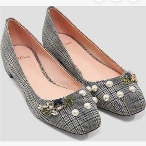 J. Crew SALLY Poppy BALLET Pearls EMBELLISHED PLAID Flats Black Shoes 7.5